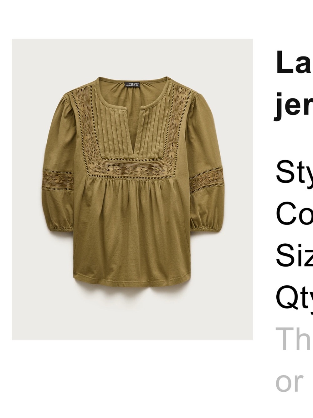 J. Crew Olive Eyelet Pintuck Peasant Blouse